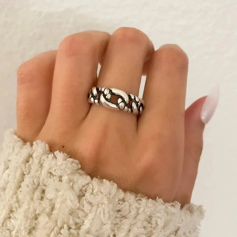 925 Sterling Silver Curb Chain Ring Stackable Layer Ring Chunky Silver Ring